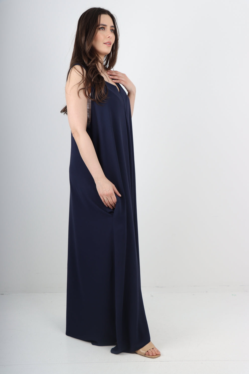 Italian Plain Sleeveless V Neck Side Pockets Maxi Dress