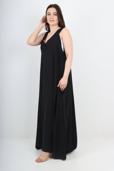 Italian Plain Sleeveless V Neck Side Pockets Maxi Dress