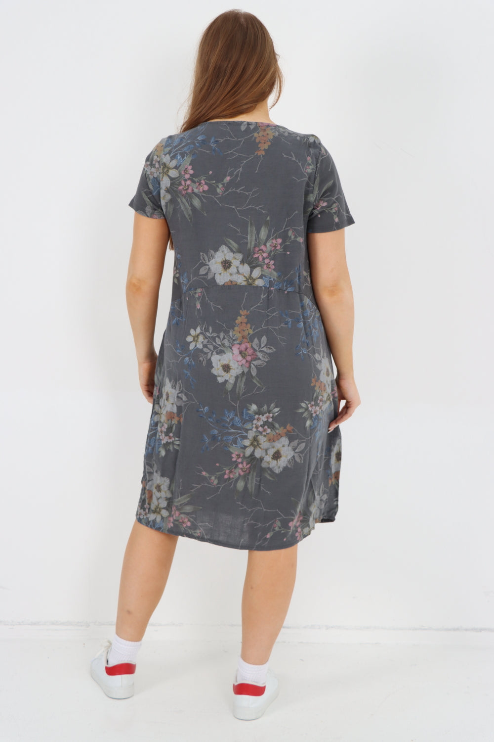 knee length dresses for ladies Floral Ribbed Linen Midi Dress