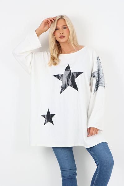 Italian Oversized Velvet Star & Sequin Shoulder Jersey Top