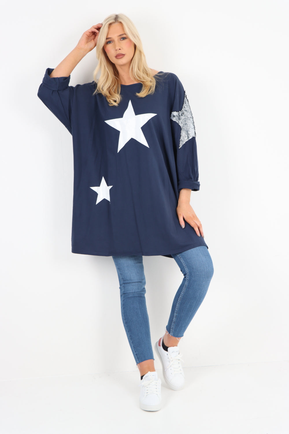 Italian Oversized Velvet Star & Sequin Shoulder Jersey Top