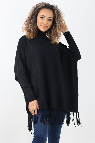Italian Cowl or Polo Neck Ribbed Sleeve Button Shoulder Detail Tassle Hem Knitted Jumper Top