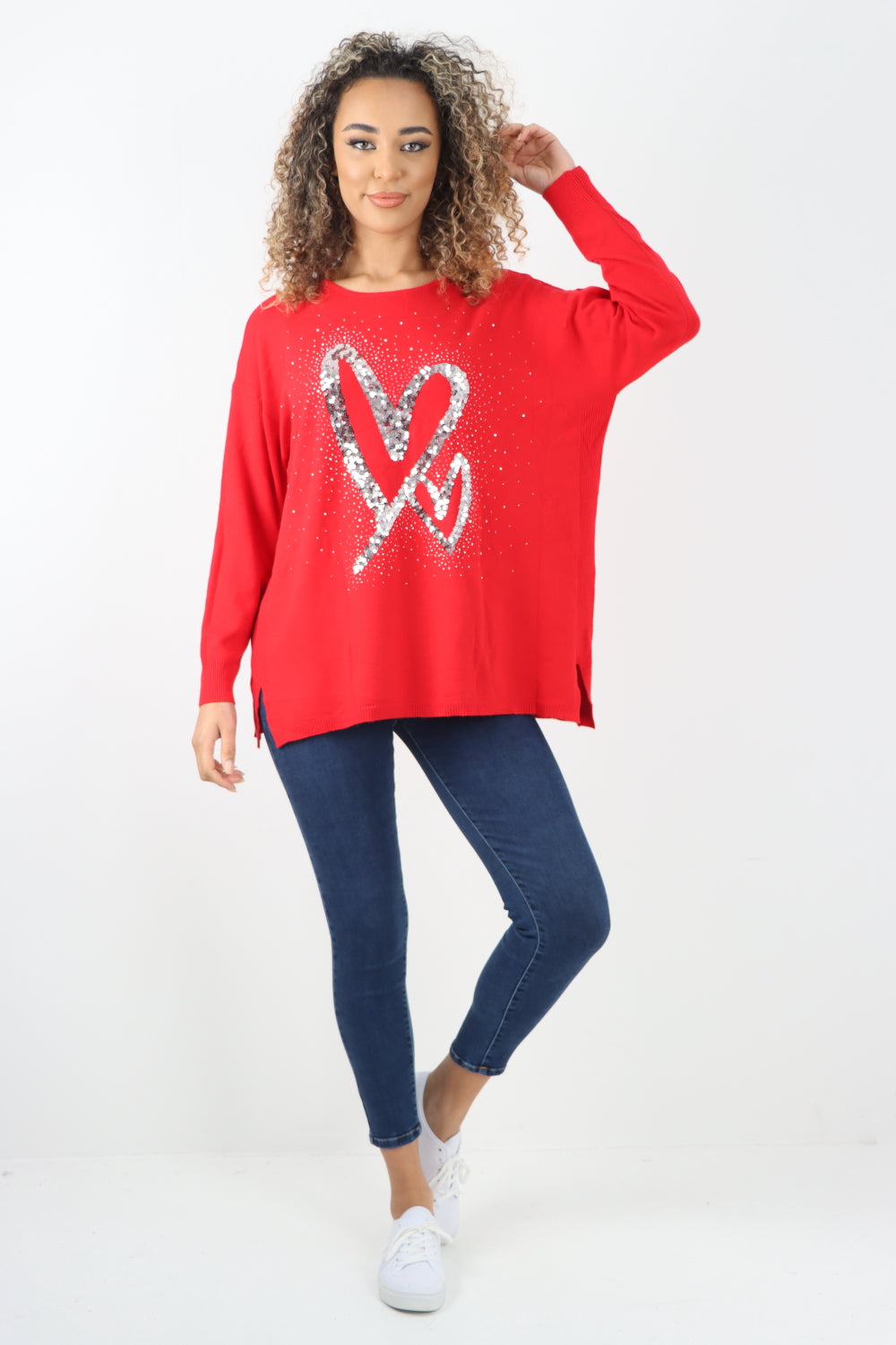 Italian Sequin Heart Print Side Slit Knitted Jumper Top