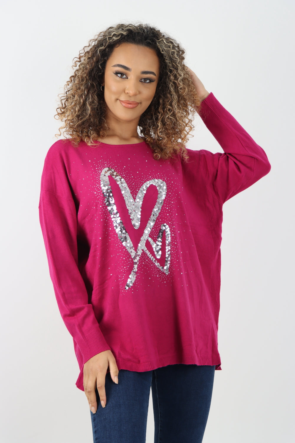 Italian Sequin Heart Print Side Slit Knitted Jumper Top