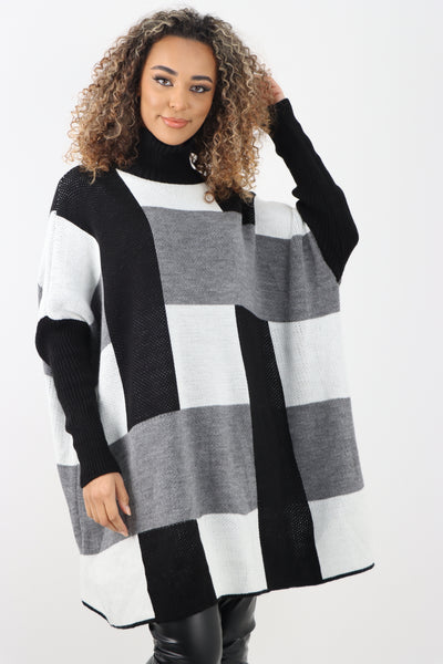 Italian Checked Print Ribbed Cowl Neck Long Sleeve Knitted Jumper Top