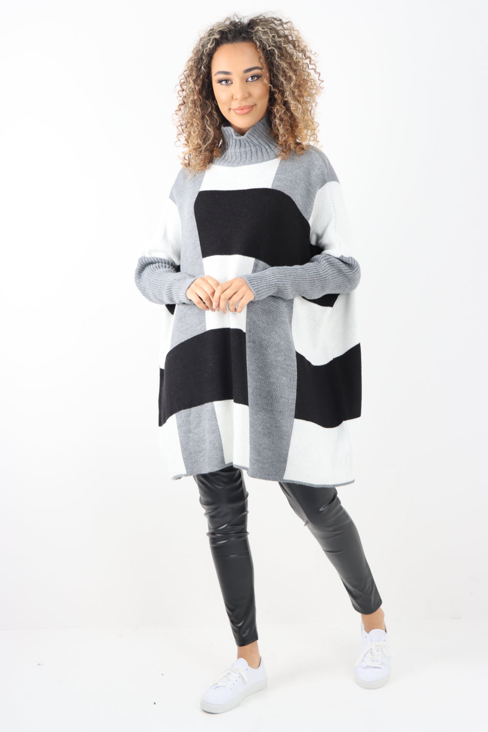 Italian Checked Print Ribbed Cowl Neck Long Sleeve Knitted Jumper Top