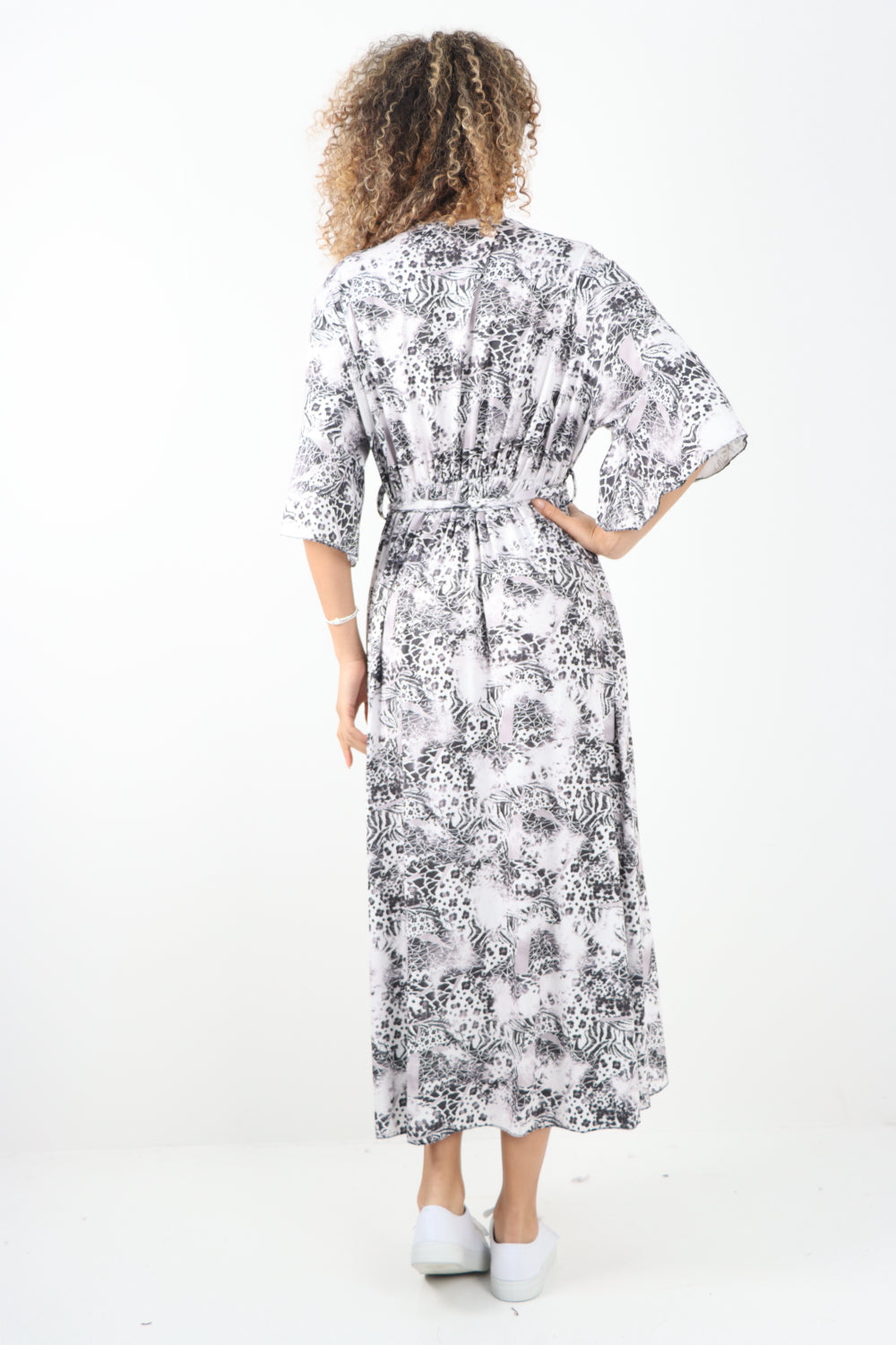 Italian Printed Wrap Over Belted Maxi Dress