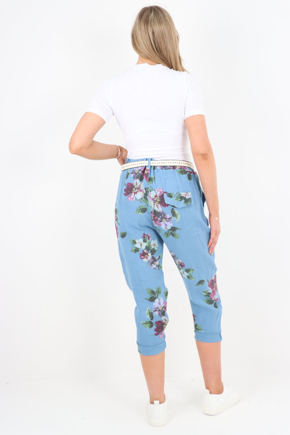 Italian Floral Print Belted Linen Trousers