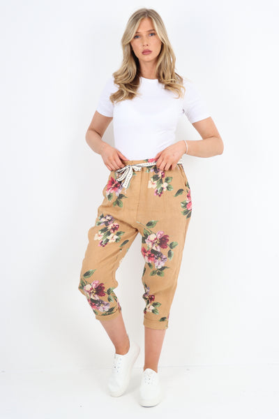 Italian Floral Print Belted Linen Trousers