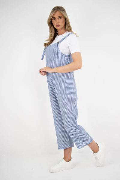Italian Stripe Pattern Side Pockets Cotton Dungarees