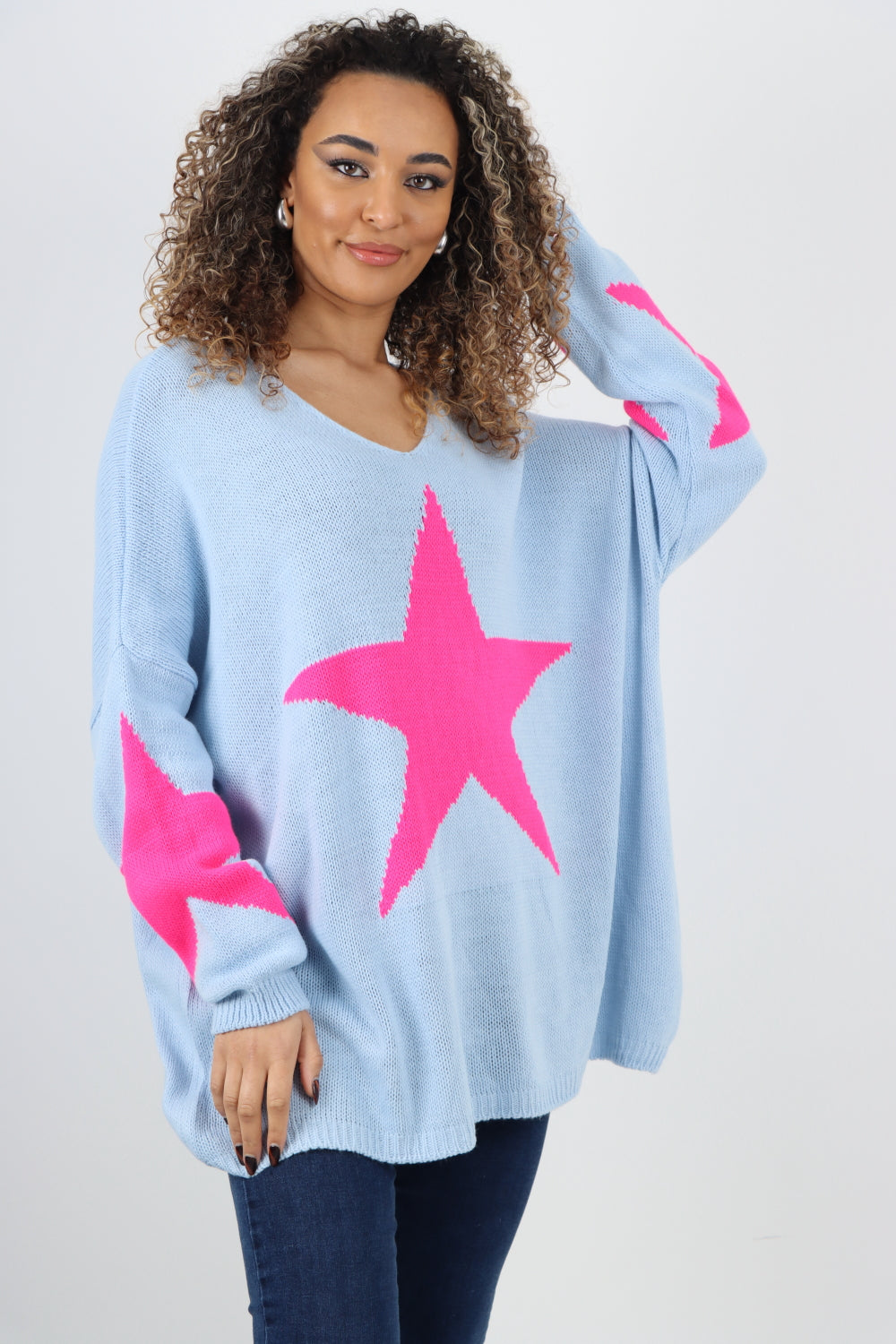 Oversized Star Print Sleeve Knitted Jumper Top