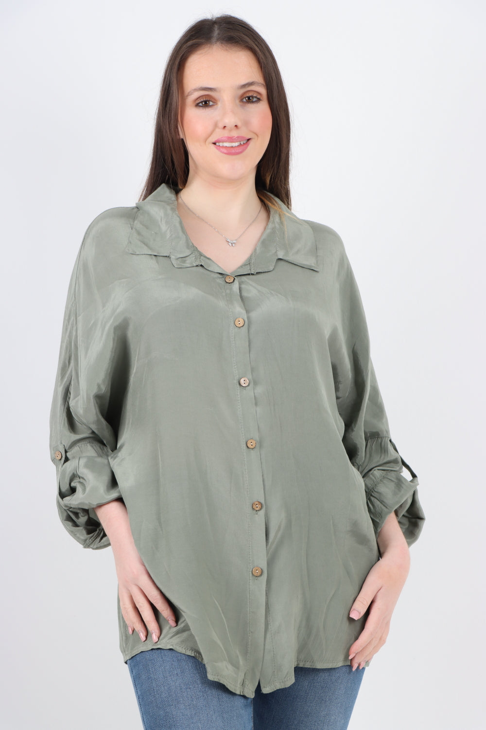 Italian Button Up Plain Silk Shirt Top