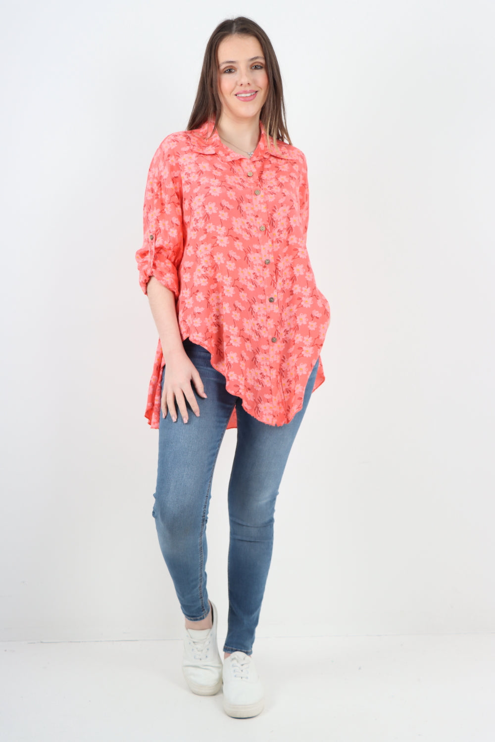 Italian Floral Print Dip Hem Shirt Top