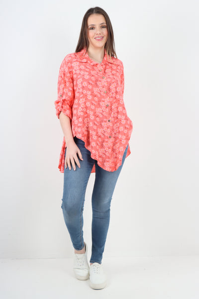 Italian Floral Print Dip Hem Shirt Top