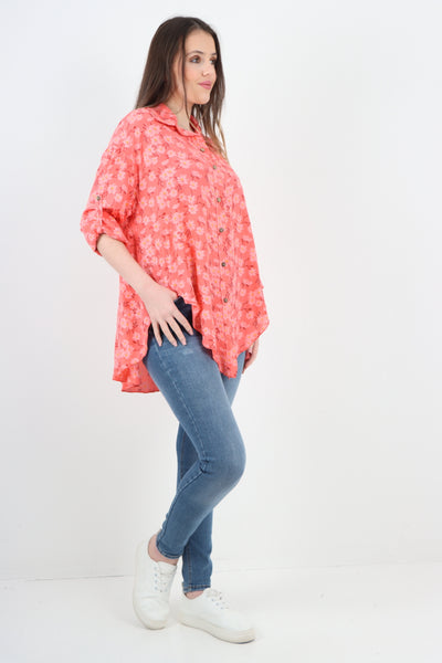 Italian Floral Print Dip Hem Shirt Top