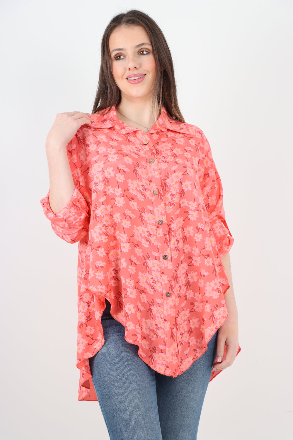 Italian Floral Print Dip Hem Shirt Top