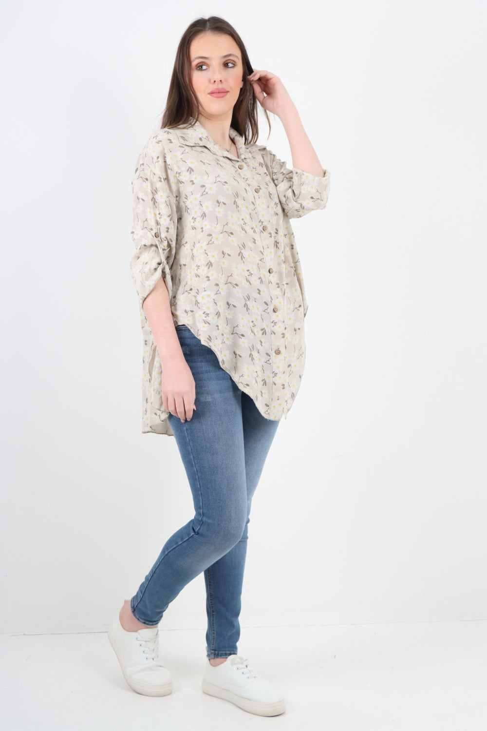 Italian Floral Print Dip Hem Shirt Top