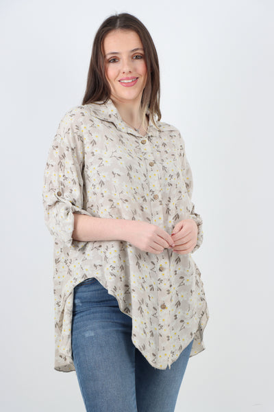 Italian Floral Print Dip Hem Shirt Top