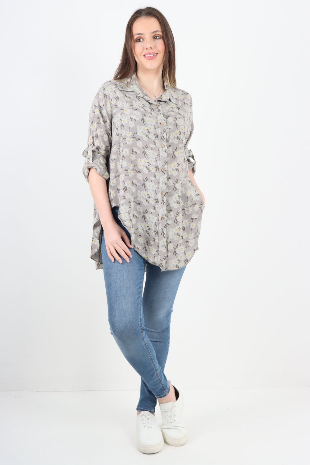 Italian Floral Print Dip Hem Shirt Top