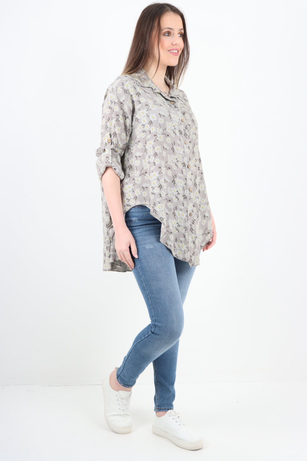 Italian Floral Print Dip Hem Shirt Top