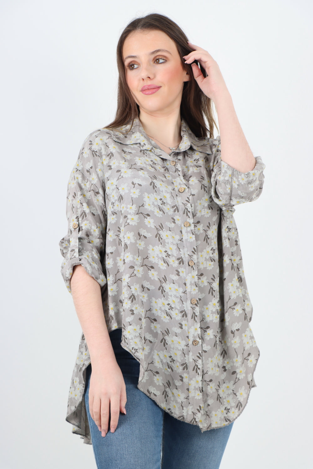 Italian Floral Print Dip Hem Shirt Top