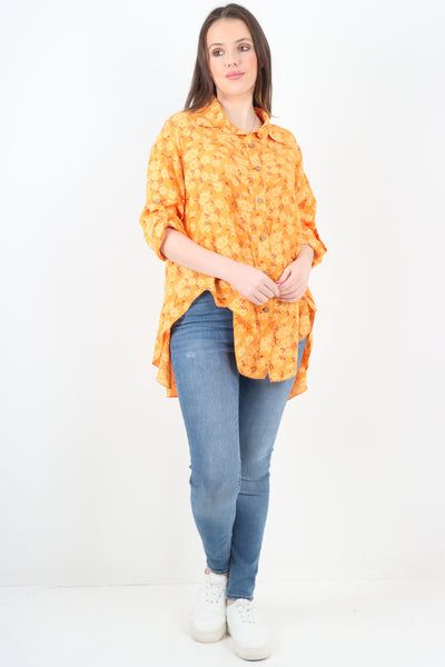 Italian Floral Print Dip Hem Shirt Top
