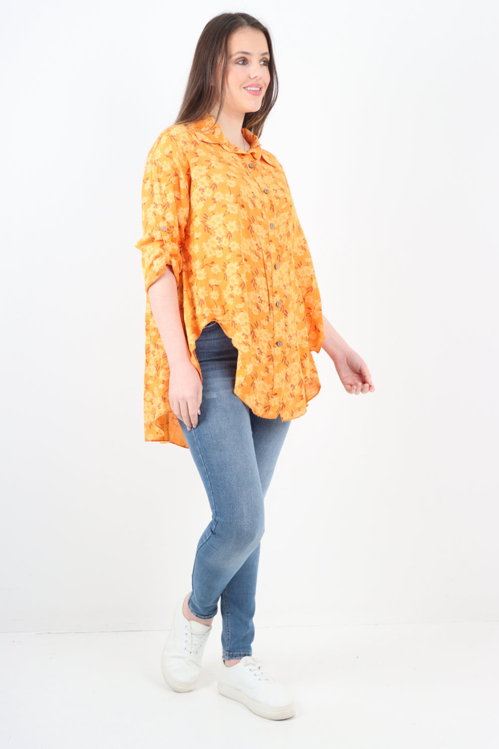 Italian Floral Print Dip Hem Shirt Top