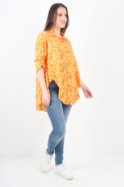 Italian Floral Print Dip Hem Shirt Top