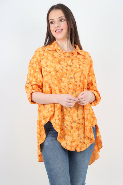 Italian Floral Print Dip Hem Shirt Top