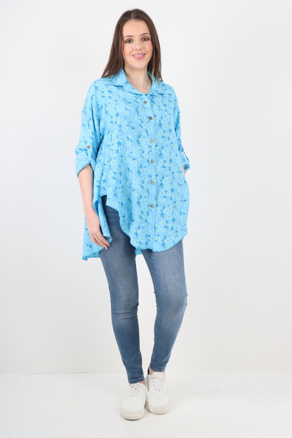 Italian Floral Print Dip Hem Shirt Top