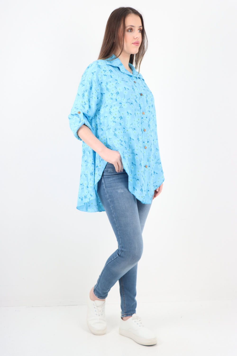 Italian Floral Print Dip Hem Shirt Top
