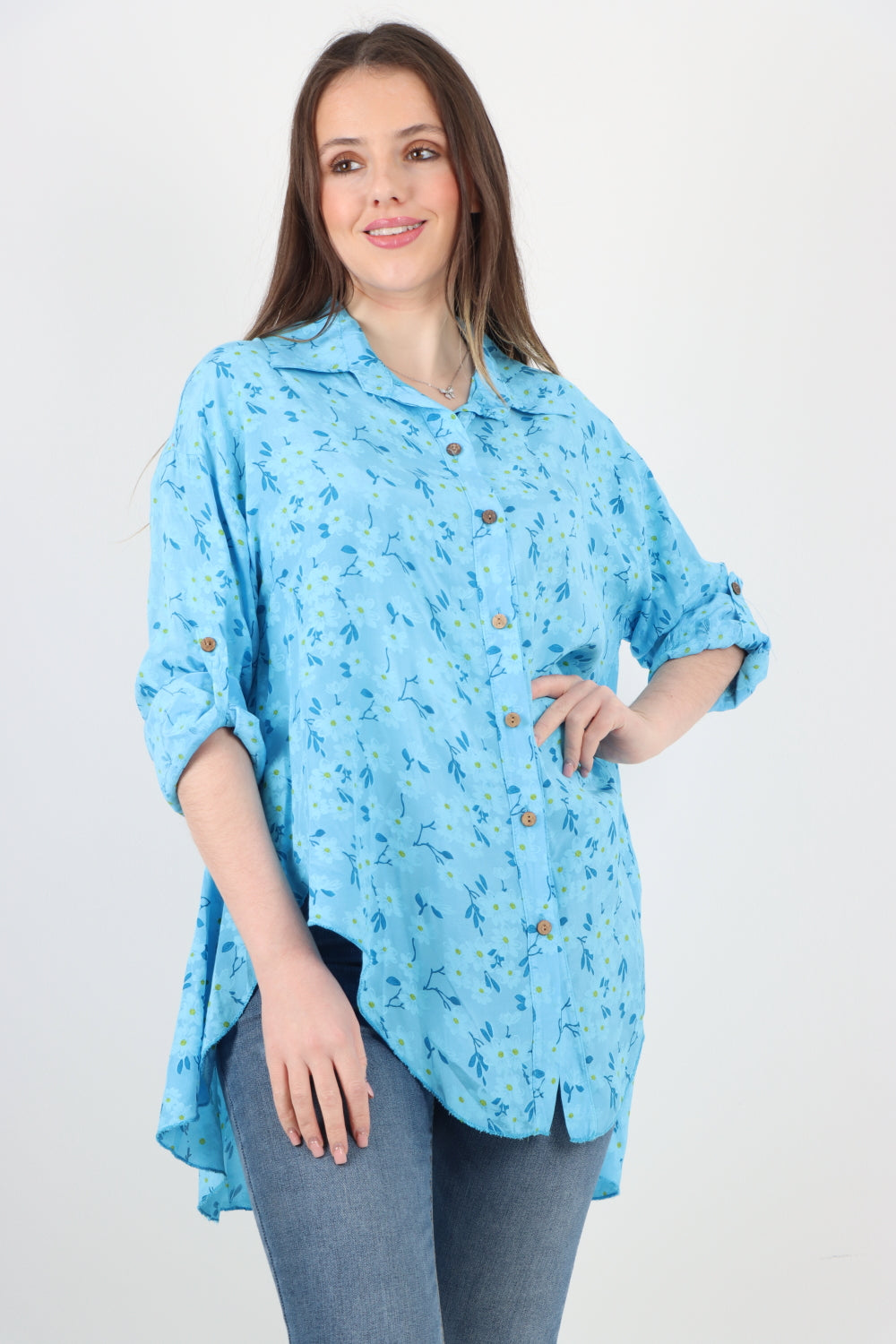 Italian Floral Print Dip Hem Shirt Top