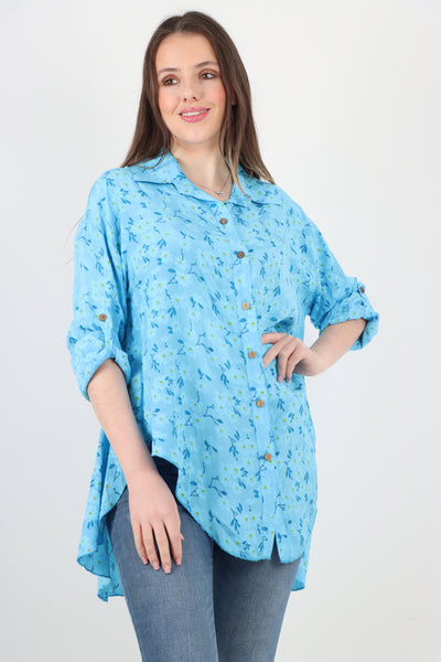 Italian Floral Print Dip Hem Shirt Top