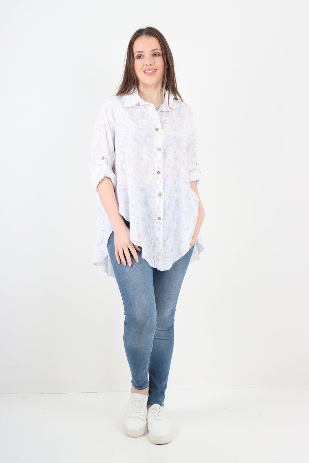 Italian Floral Print Dip Hem Shirt Top