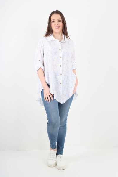Italian Floral Print Dip Hem Shirt Top