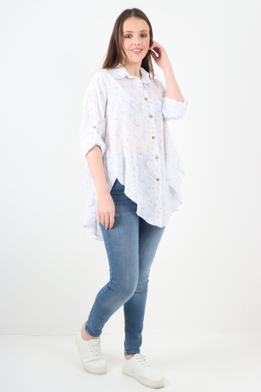 Italian Floral Print Dip Hem Shirt Top