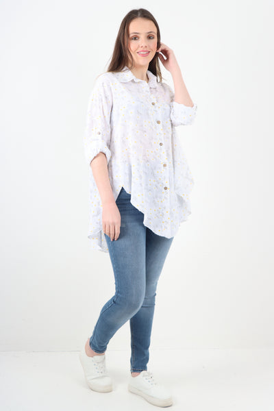 Italian Floral Print Dip Hem Shirt Top