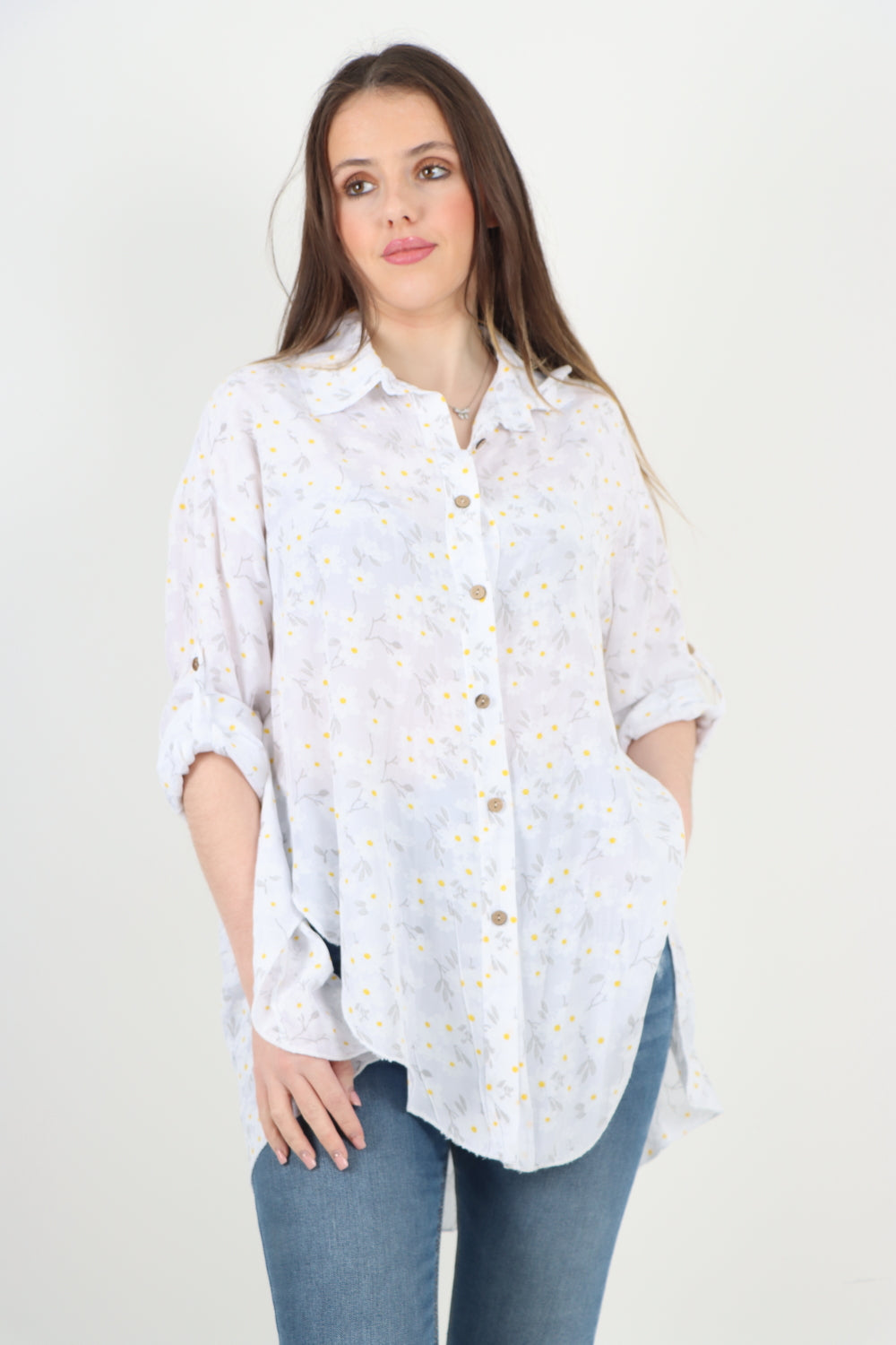 Italian Floral Print Dip Hem Shirt Top