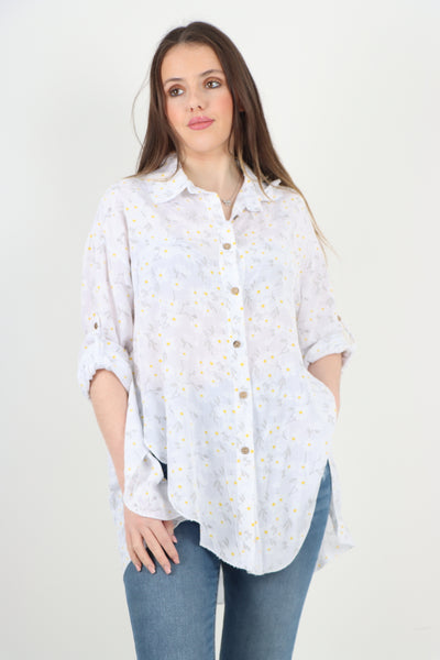 Italian Floral Print Dip Hem Shirt Top