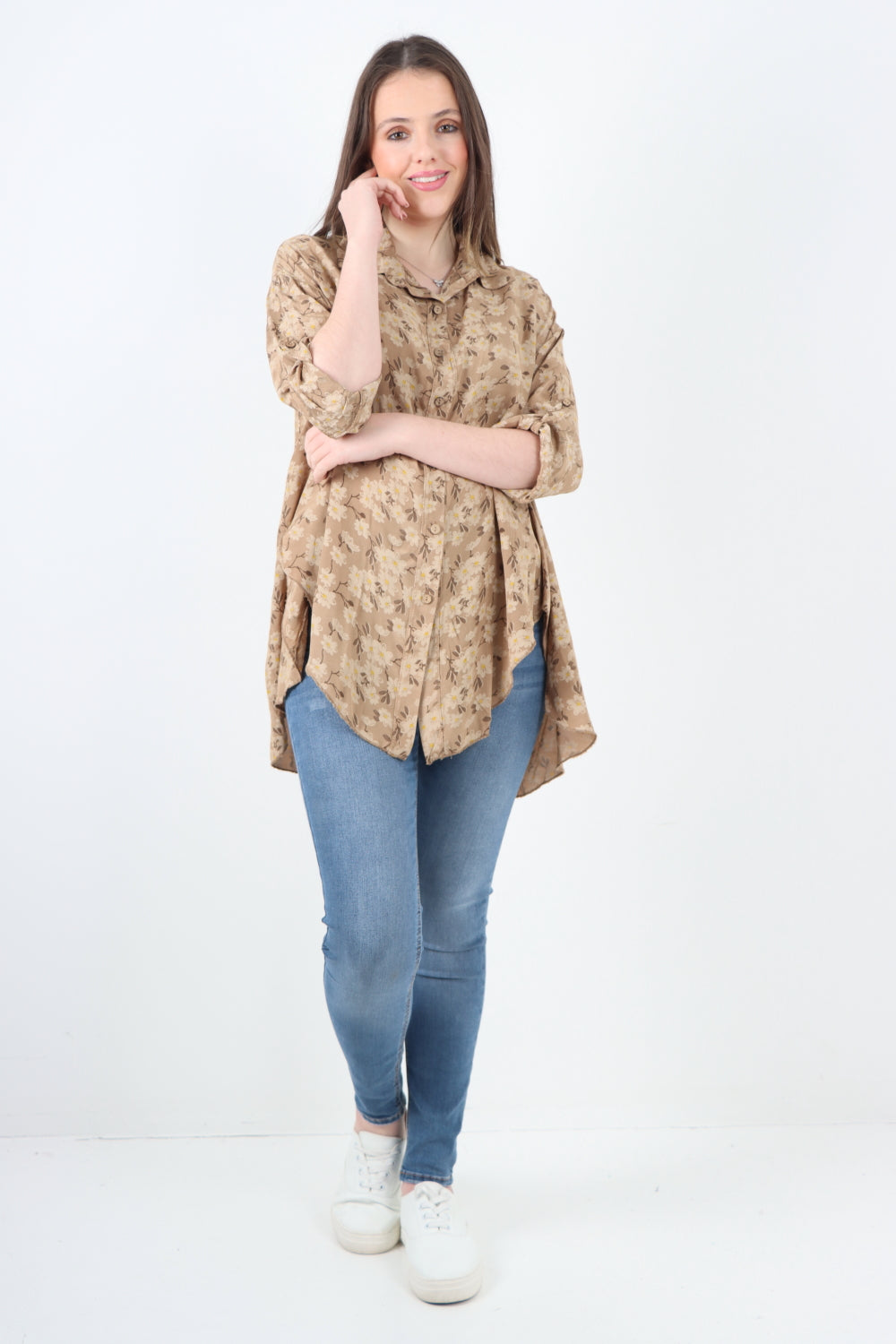 Italian Floral Print Dip Hem Shirt Top