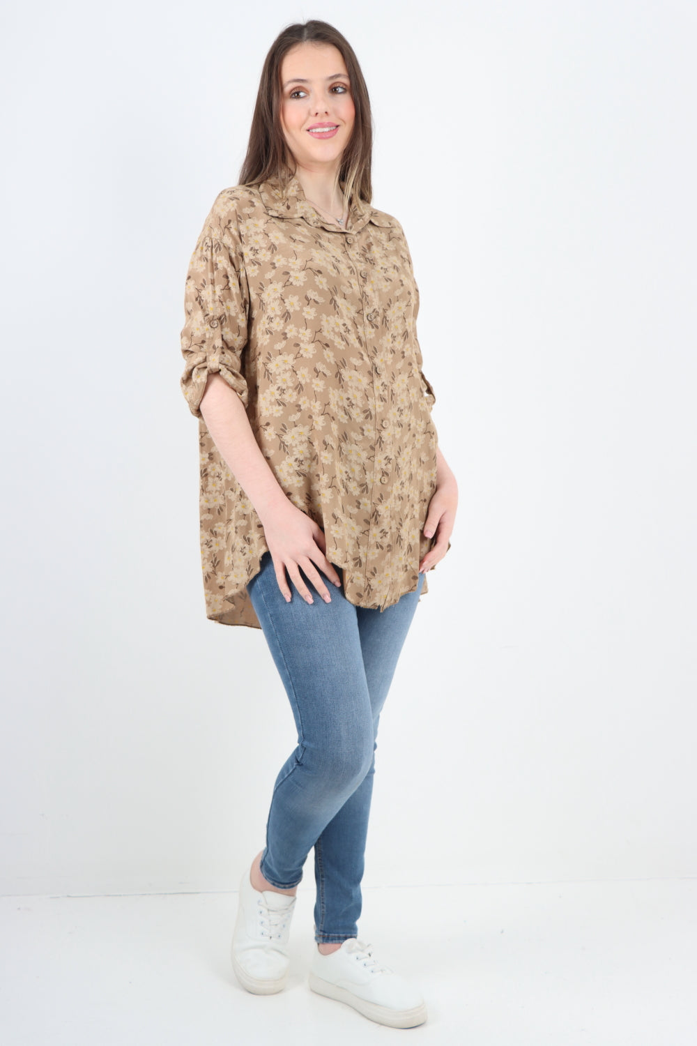 Italian Floral Print Dip Hem Shirt Top