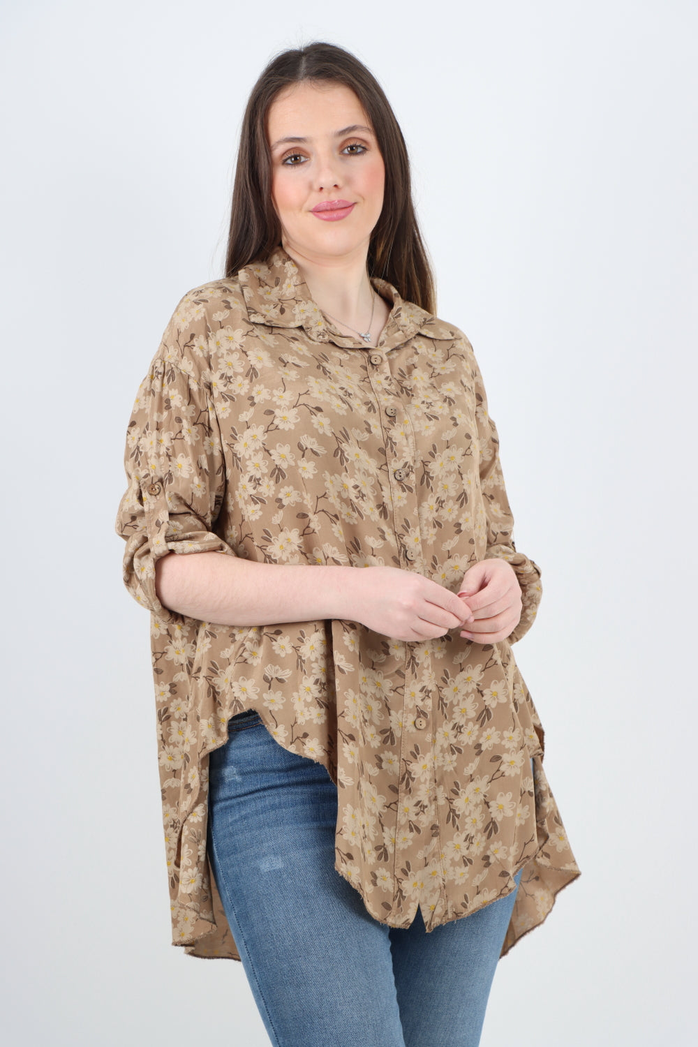 Italian Floral Print Dip Hem Shirt Top