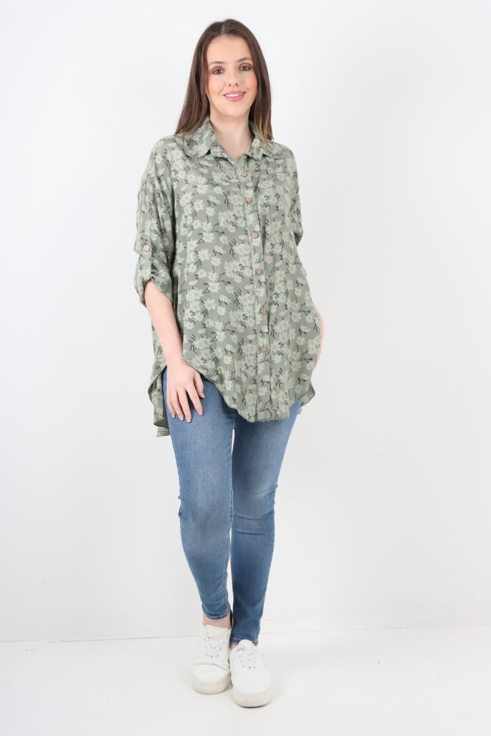 Italian Floral Print Dip Hem Shirt Top