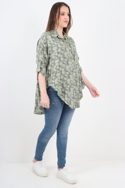Italian Floral Print Dip Hem Shirt Top