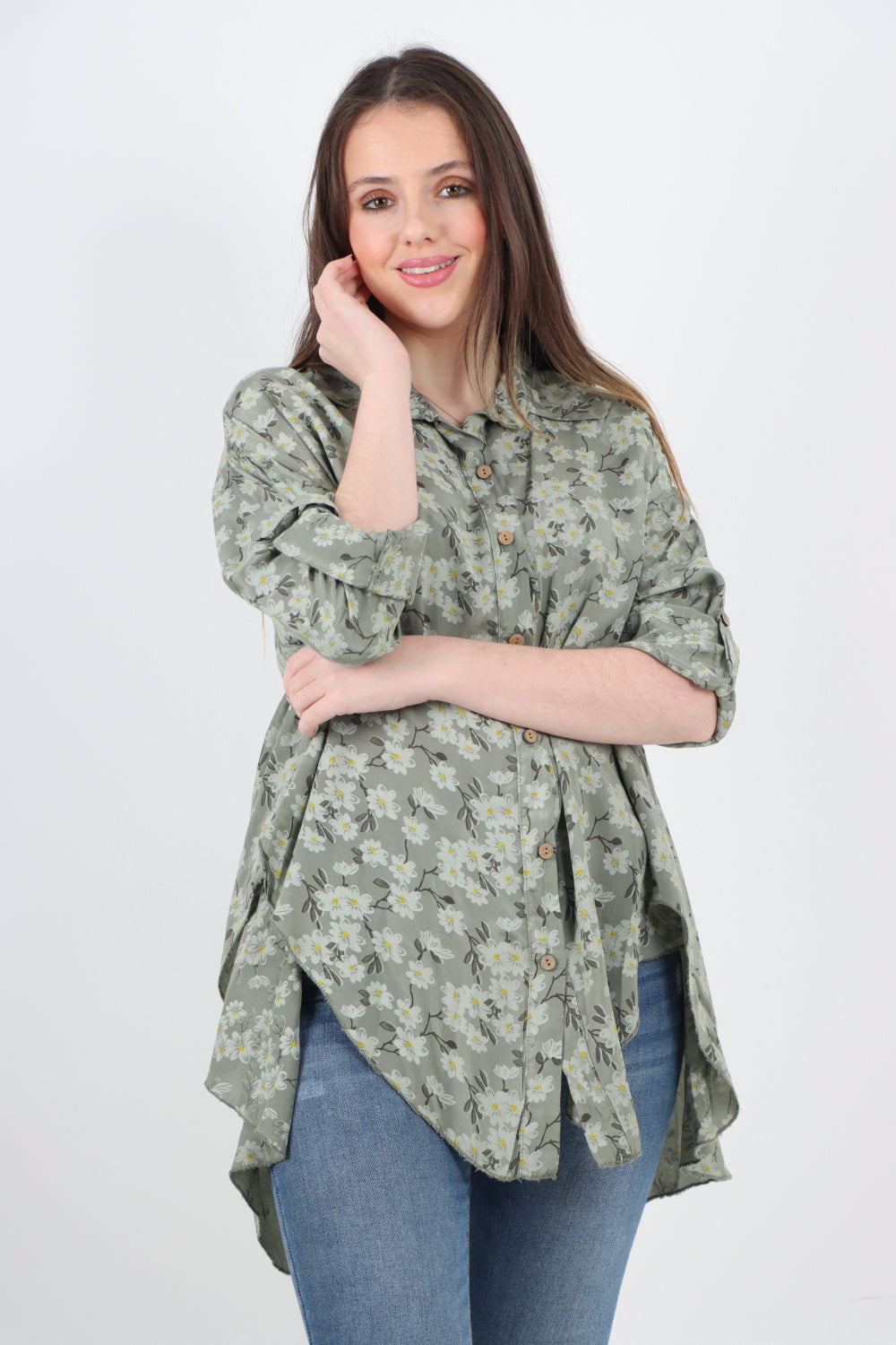 Italian Floral Print Dip Hem Shirt Top