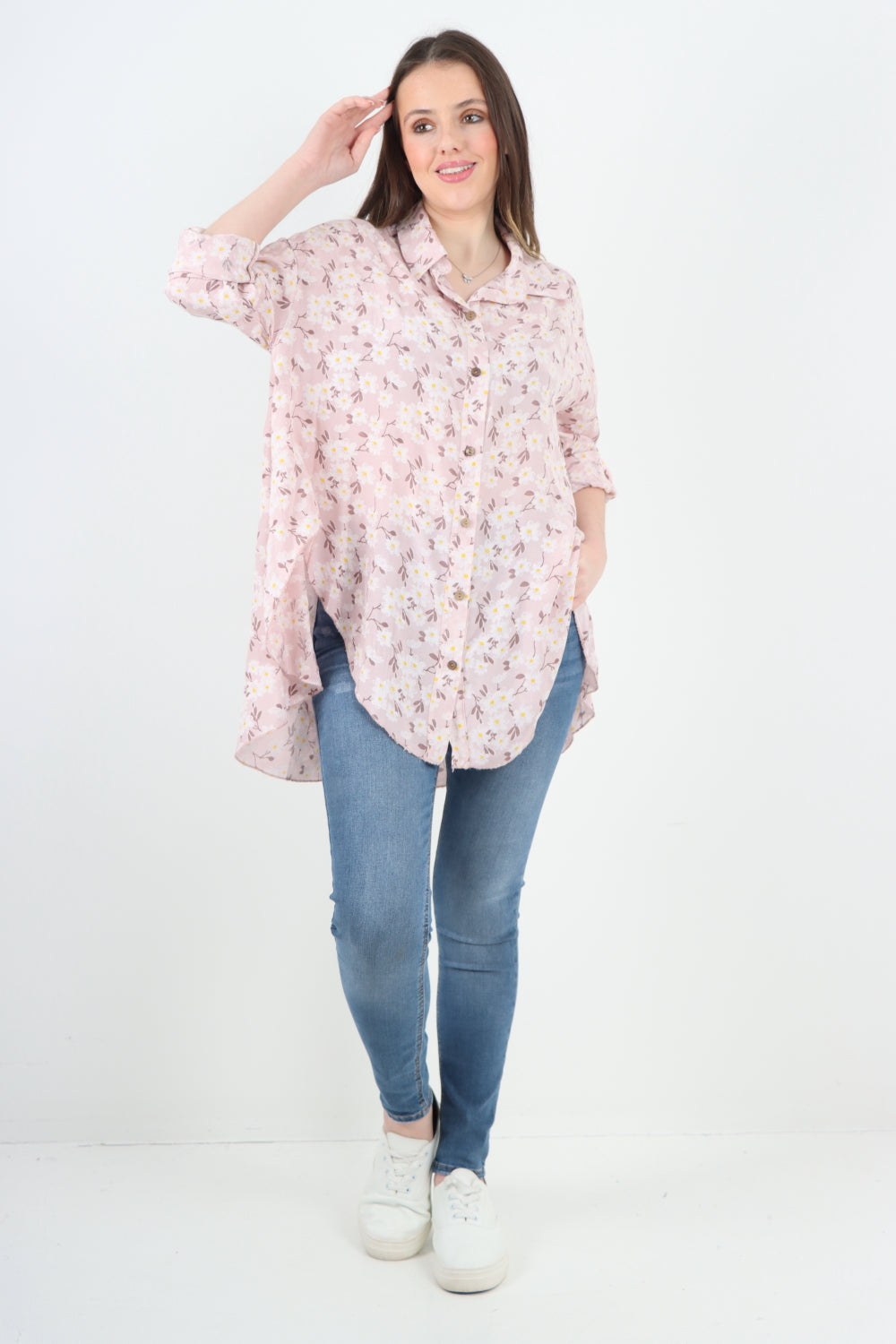 Italian Floral Print Dip Hem Shirt Top