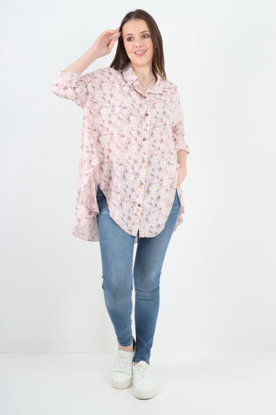 Italian Floral Print Dip Hem Shirt Top