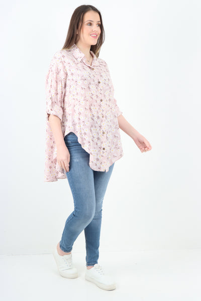 Italian Floral Print Dip Hem Shirt Top