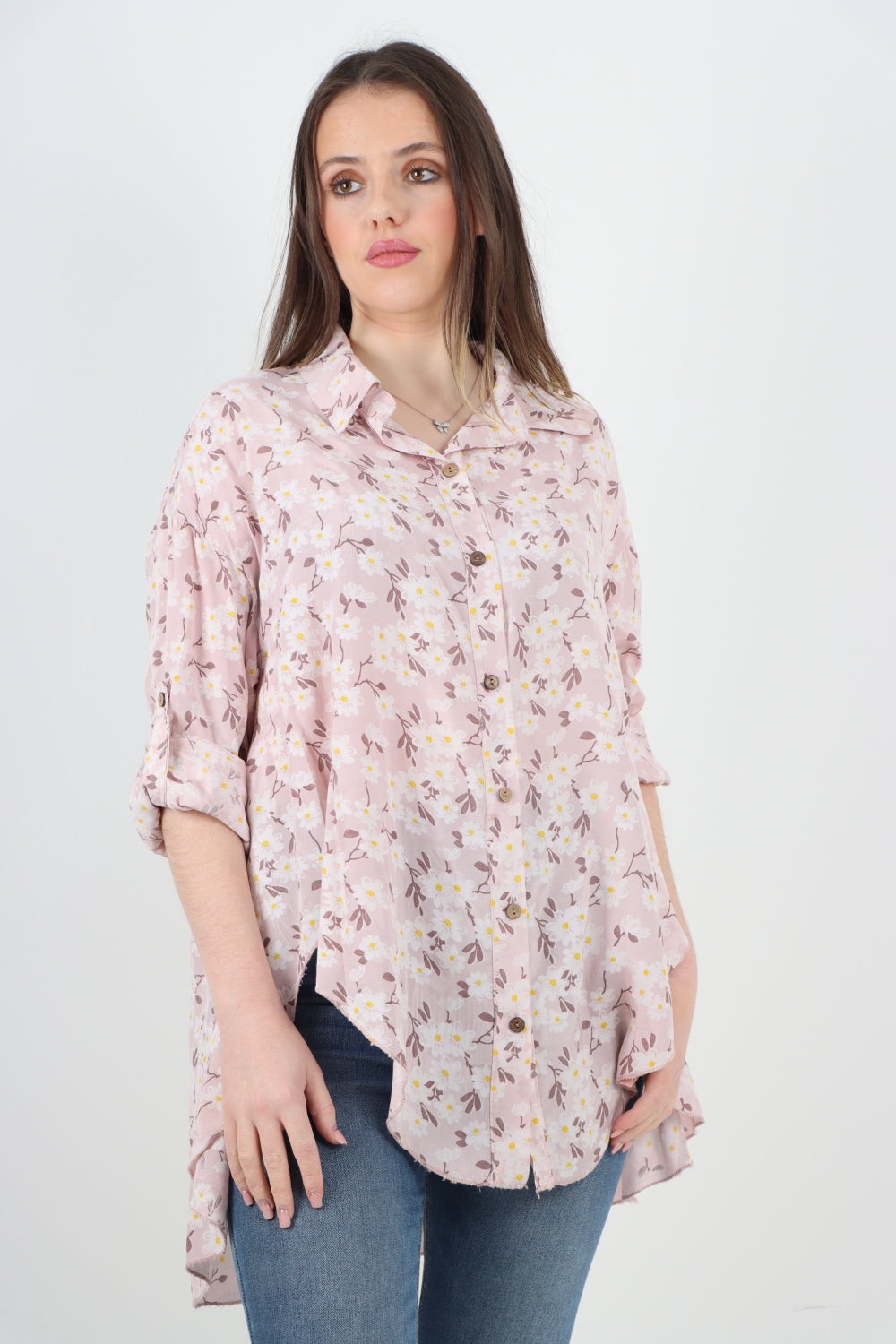 Italian Floral Print Dip Hem Shirt Top