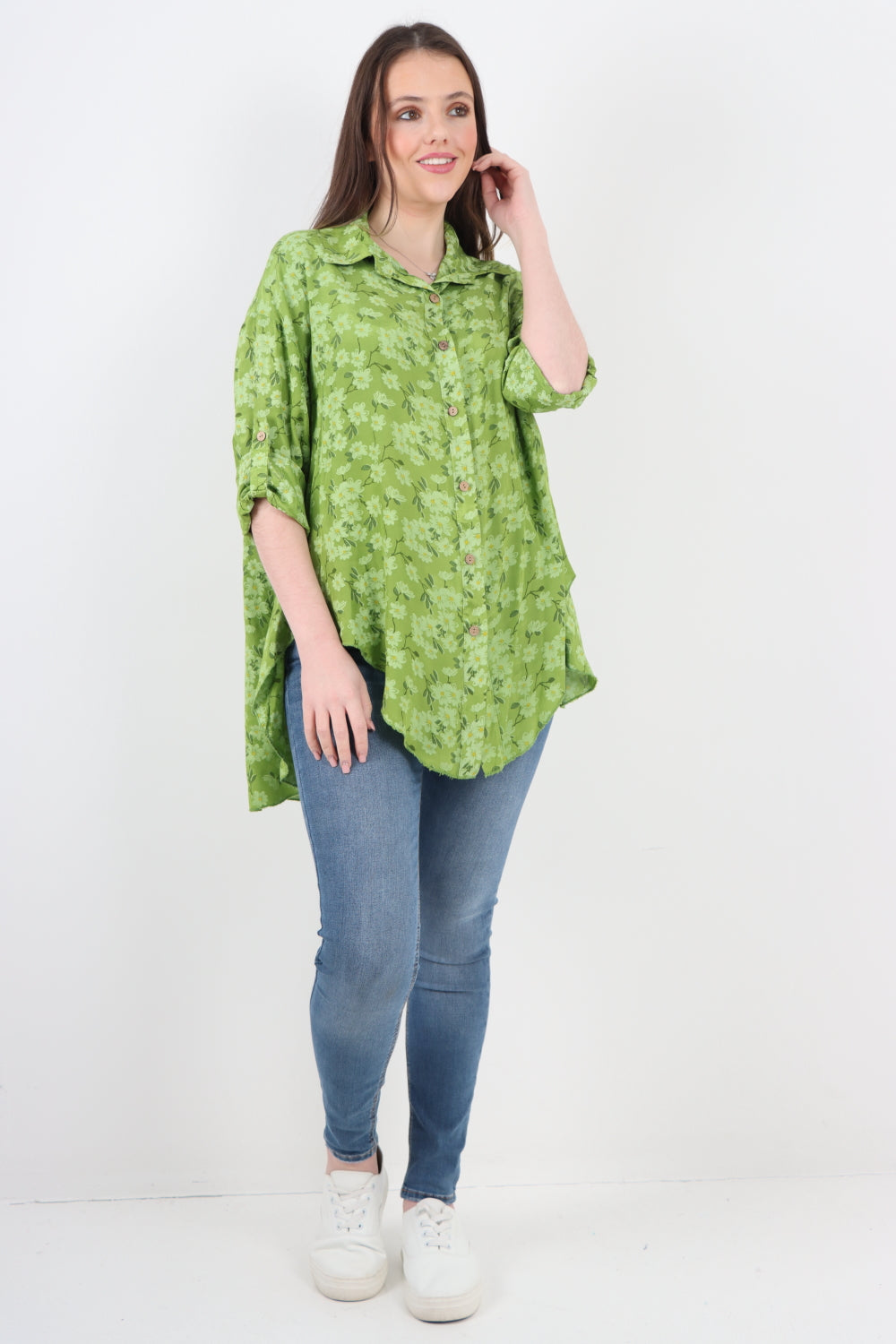 Italian Floral Print Dip Hem Shirt Top
